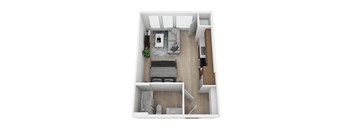 a stylized floor plan with a bedroom and a living room