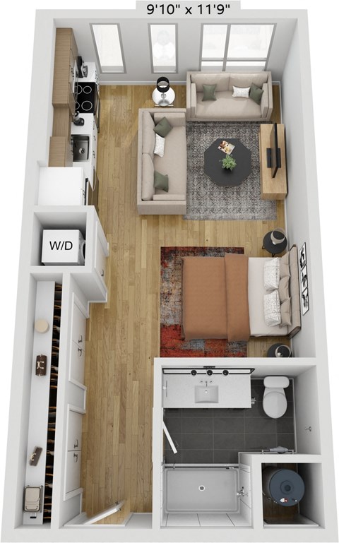 a 3d rendering of a studio apartment with a bedroom and a living room