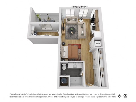 a stylized floor plan with a bedroom and a living room