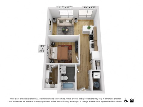 a stylized floor plan with a bedroom and a living room