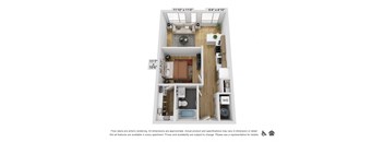 a stylized floor plan with a bedroom and a living room