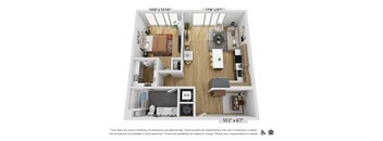 a 1 bedroom floor plan with a bathroom and a living room