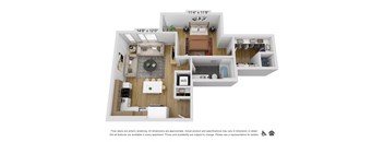 a stylized floor plan with a bedroom and a living room