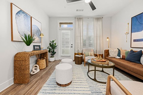 a living room with a couch and a table