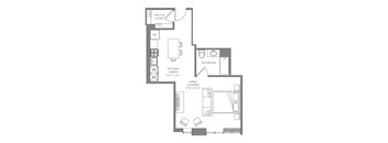 A floor plan of a small apartment with a kitchen, living room, and bathroom.