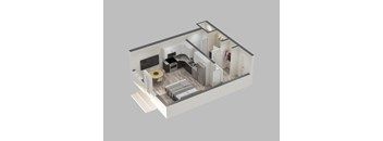 A 3D rendered image of a modern apartment layout.