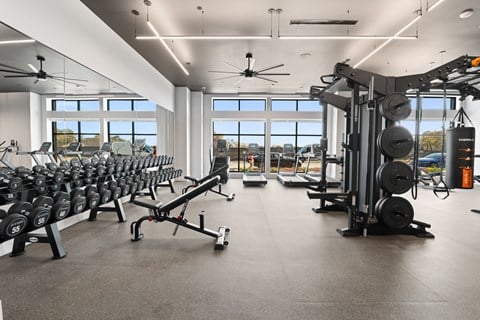 A gym with a variety of equipment including weights and cardio machines.
