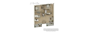 A floor plan of an apartment with a kitchen, living room, and two bedrooms.