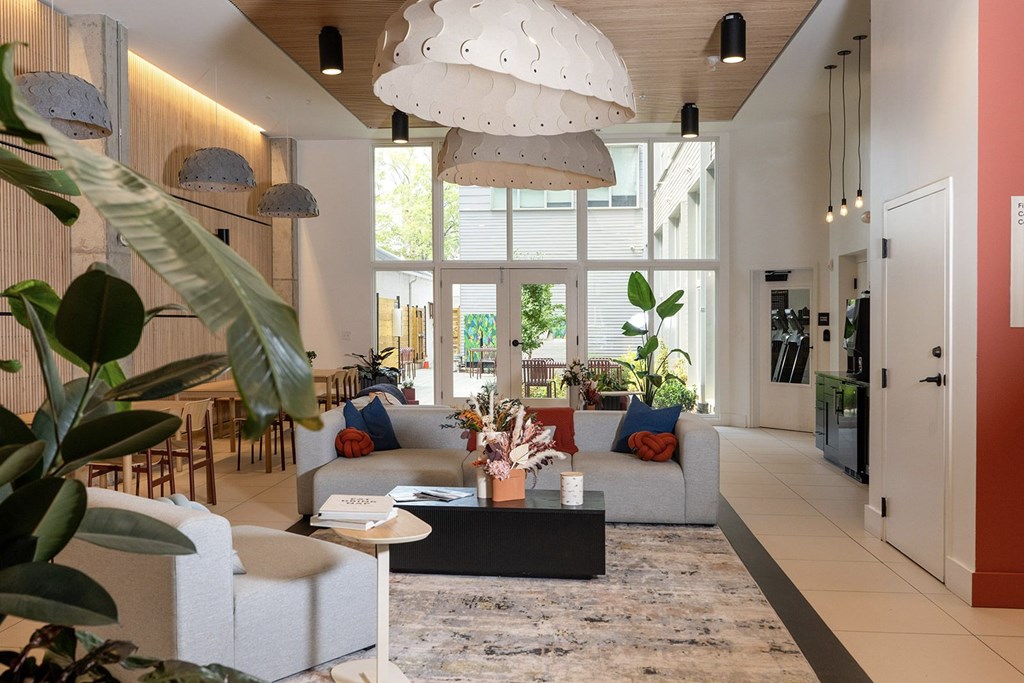 A living room with a large window, a grey couch, a coffee table, and a potted plant.
