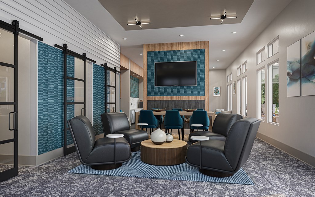 A modern living room with a television and comfortable seating at Easton at Mountain Island new apartments in Charlotte, NC.