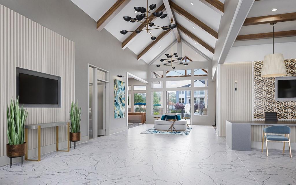 A modern living room with a large television and a marble floor at Easton at Mountain Island new apartments in Charlotte, NC.