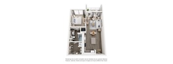 A floor plan of a small apartment with a kitchen, living room, and bathroom.