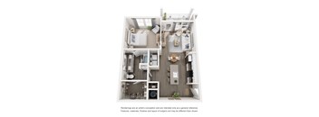 A floor plan of a two-bedroom apartment with a living room, kitchen, and bathroom.