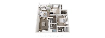 A white floor plan of a house with a kitchen, living room, and bedrooms.