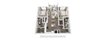 A white floor plan of a house with a kitchen, living room, and two bedrooms.