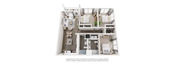 A floor plan of a small apartment with two bedrooms and a living area.