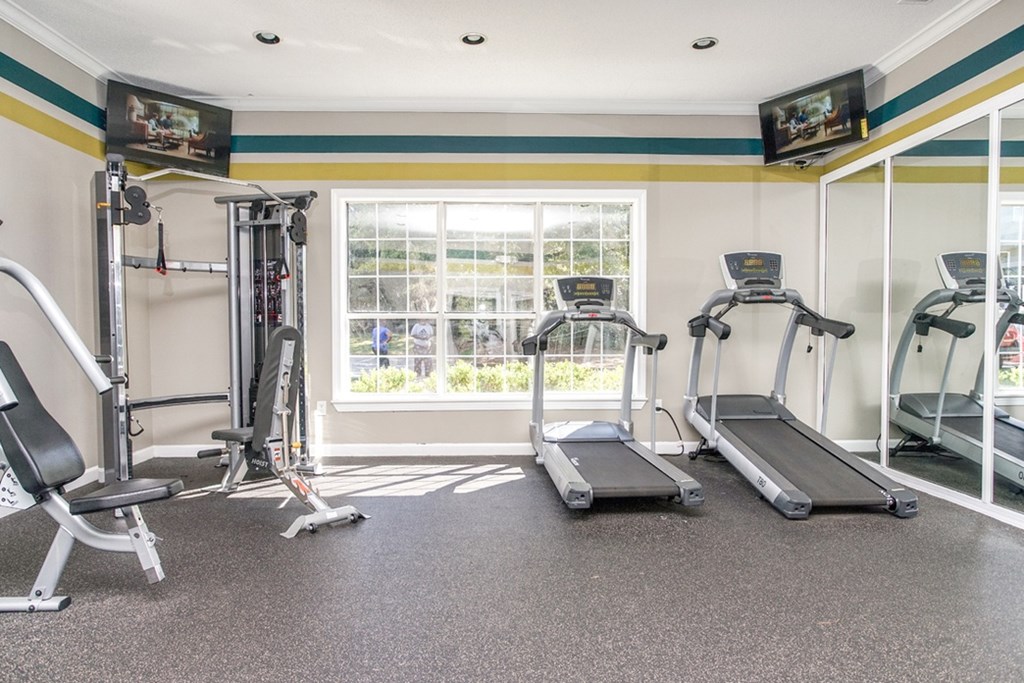 A gym with treadmills, a weight bench, and a television.