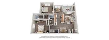 A 3D floor plan of a house with a living room, kitchen, and two bedrooms.