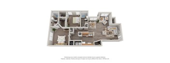 A 3D floor plan of a house with a kitchen, living room, and bedrooms.