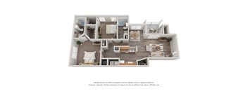 A 3D floor plan of a house with a kitchen, living room, and bedrooms.