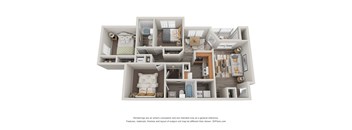 A 3D floor plan of a house with multiple rooms.