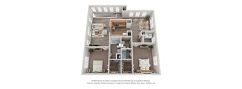 A 3D floor plan of a house with a living room, kitchen, dining room, and bedrooms.