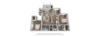 A 3D floor plan of a house with a living room, kitchen, dining room, and bedrooms.