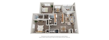 A 3D floor plan of a house with a living room, kitchen, and two bedrooms.