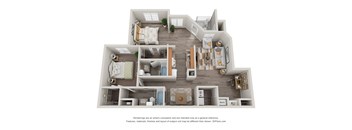 A 3D floor plan of a house with labeled rooms.