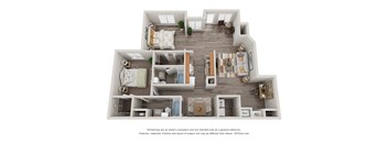 A 3D floor plan of a house with labeled rooms.