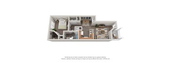 A 3D floor plan of a house with a living room, kitchen, and bedrooms.
