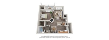 A 3D floor plan of a house with a kitchen, living room, and bathroom.