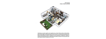 A floor plan of a two bedroom apartment with two bathrooms and a living room.