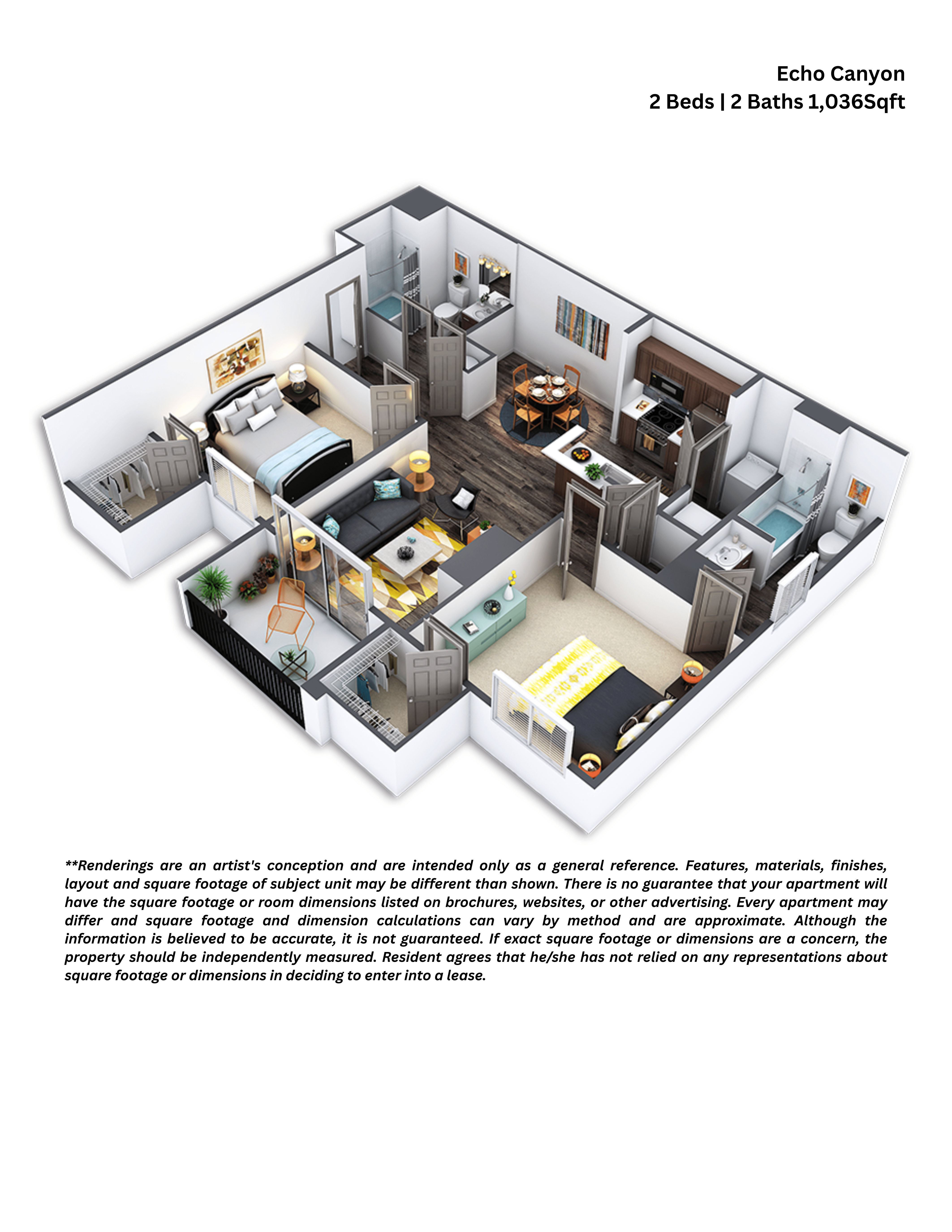 A 3D floor plan of a two bedroom, two bathroom apartment.