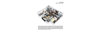 A 3D floor plan of a two bedroom, two bathroom apartment.