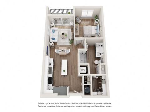 Floor plan for a one bedroom one bathroom apartment at Tanager Echo