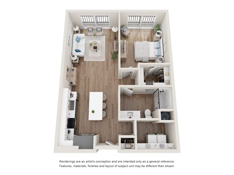 Floor plan for a one bedroom one bathroom apartment at Tanager Echo