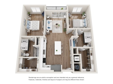 Floor plan for a two bedroom two bathroom apartment at Tanager Echo