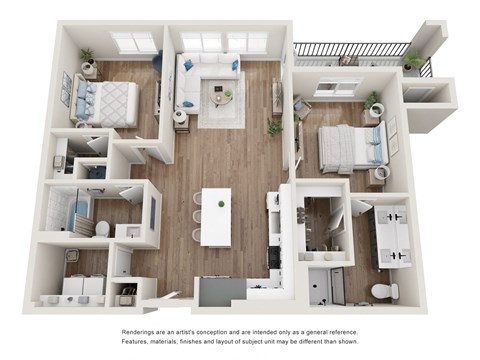 Floor plan for a two bedroom two bathroom apartment at Tanager Echo