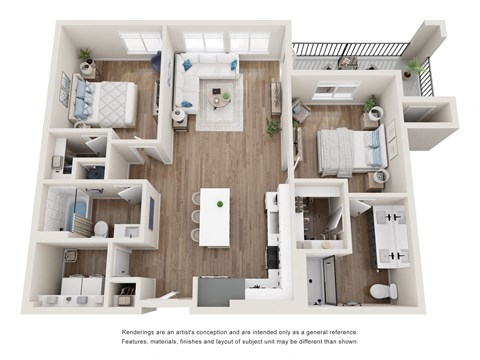 Floor plan for a two bedroom two bathroom apartment at Tanager Echo
