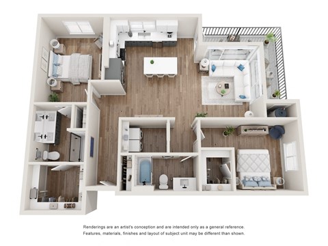 Floor plan for a two bedroom two bathroom apartment at Tanager Echo