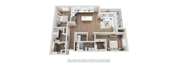 Floor plan for a two bedroom two bathroom apartment at Tanager Echo
