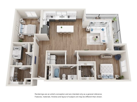 Floor plan for a two bedroom two bathroom apartment at Tanager Echo