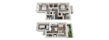 A top-down view of a two-bedroom apartment with a living room, kitchen, and bathroom.