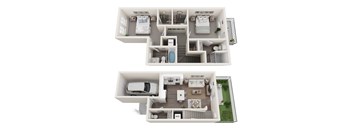 2 Bedroom 2 Bath 3D Floor Plan of Townhome