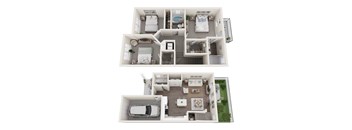 A top-down view of a two-bedroom apartment with a living room, kitchen, and bathroom.