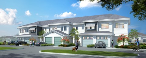 a rendering of a large white home with people and a dog