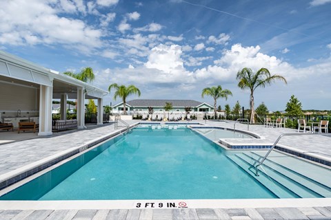 a swimming pool at a resort with palm trees