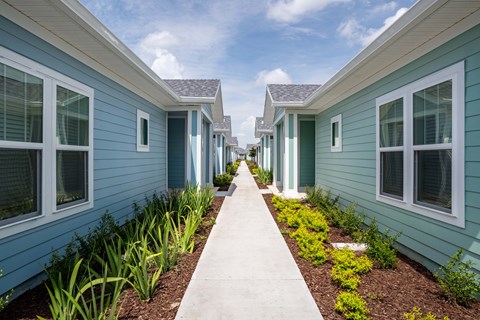 a row of blue houses with a sidewalk and plants