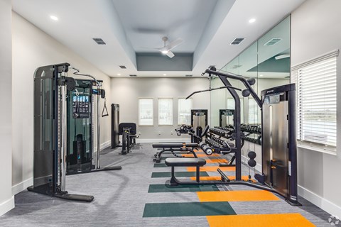a gym with cardio equipment and mirrors in a building with white walls